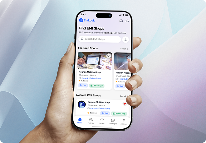 EmLock shopping app displayed on a phone held in hand
